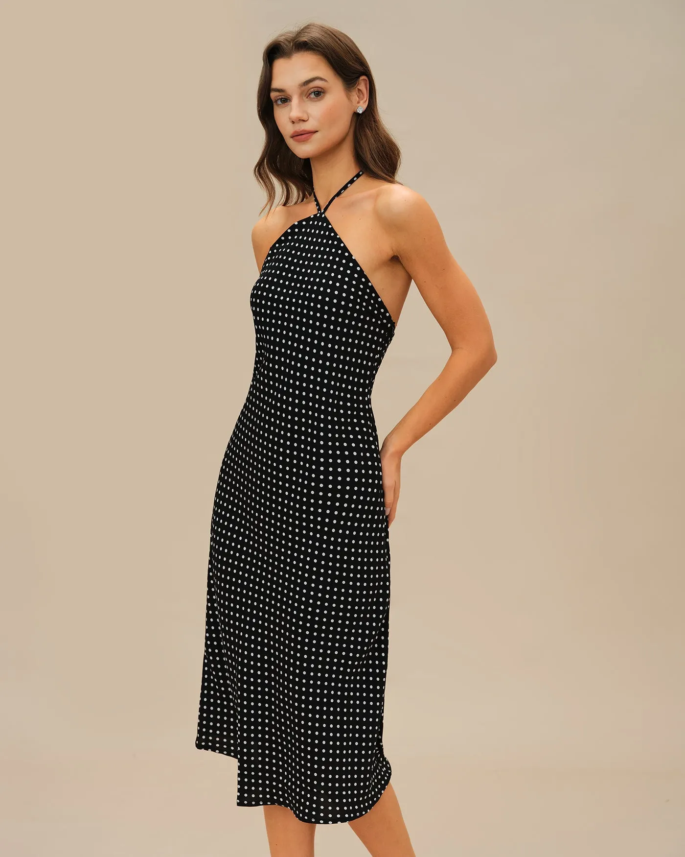 Black Polka Dot Halter Midi Dress sold by rihoas product image thumbnail 3