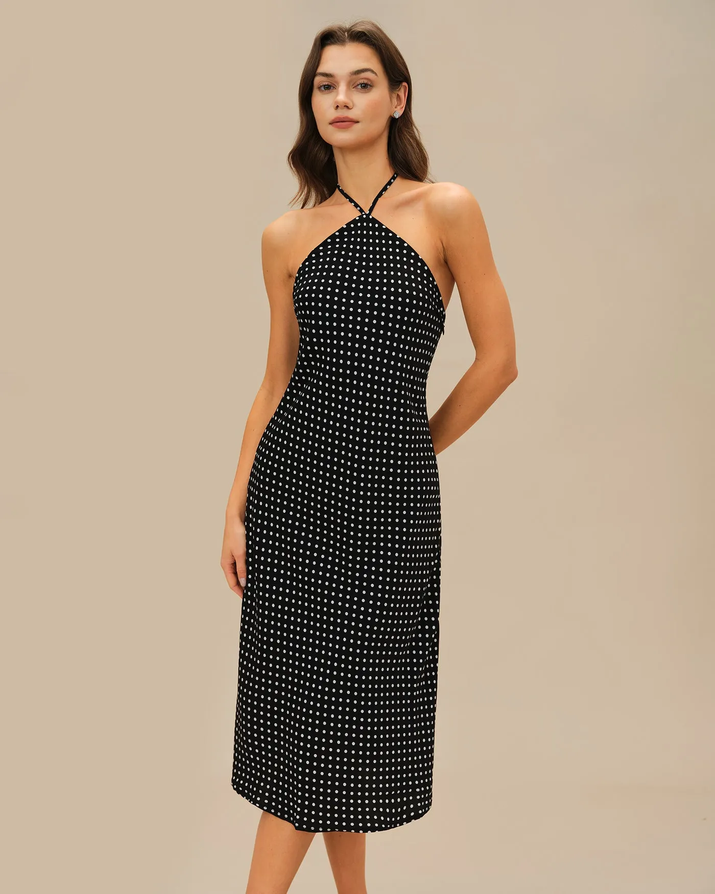 Black Polka Dot Halter Midi Dress sold by rihoas