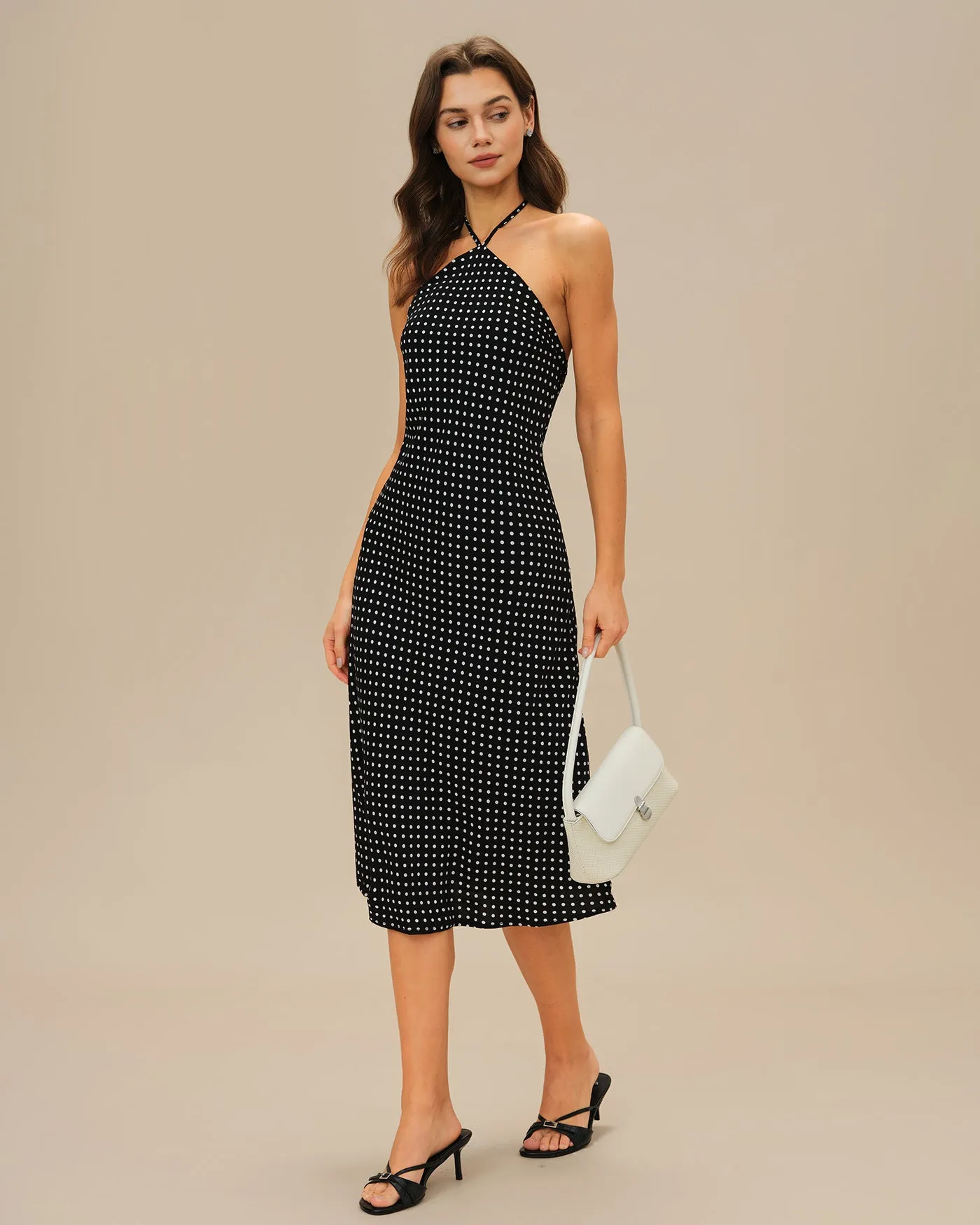 Black Polka Dot Halter Midi Dress sold by rihoas product image thumbnail 5