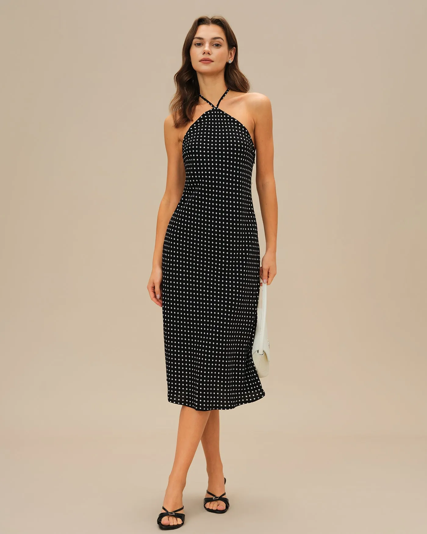 Black Polka Dot Halter Midi Dress sold by rihoas product image thumbnail 4