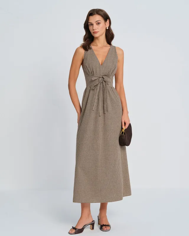Brown V Neck Plaid Maxi Dress sold by rihoas