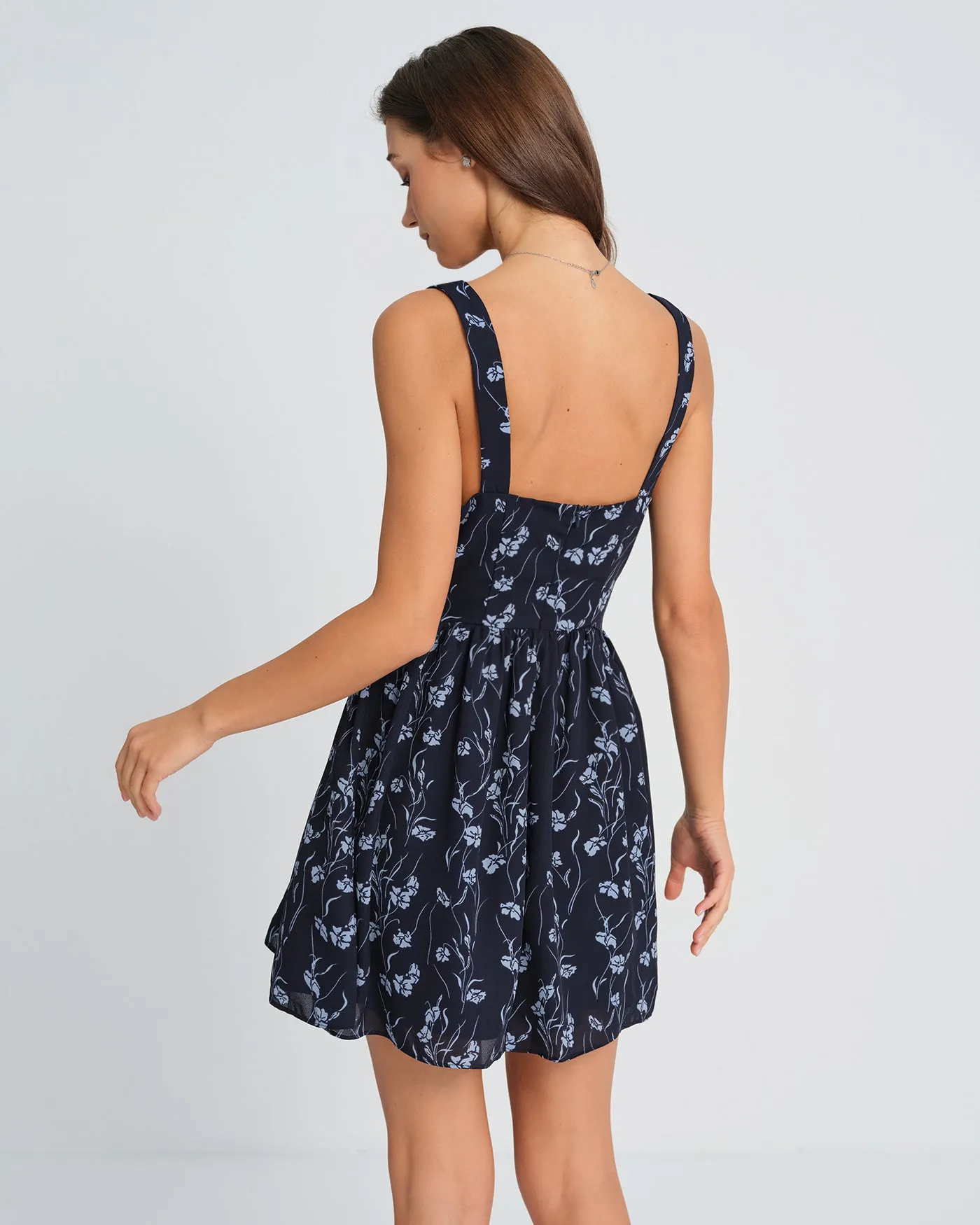 Navy Sweetheart Neck Floral Mini Dress sold by rihoas product image thumbnail 3