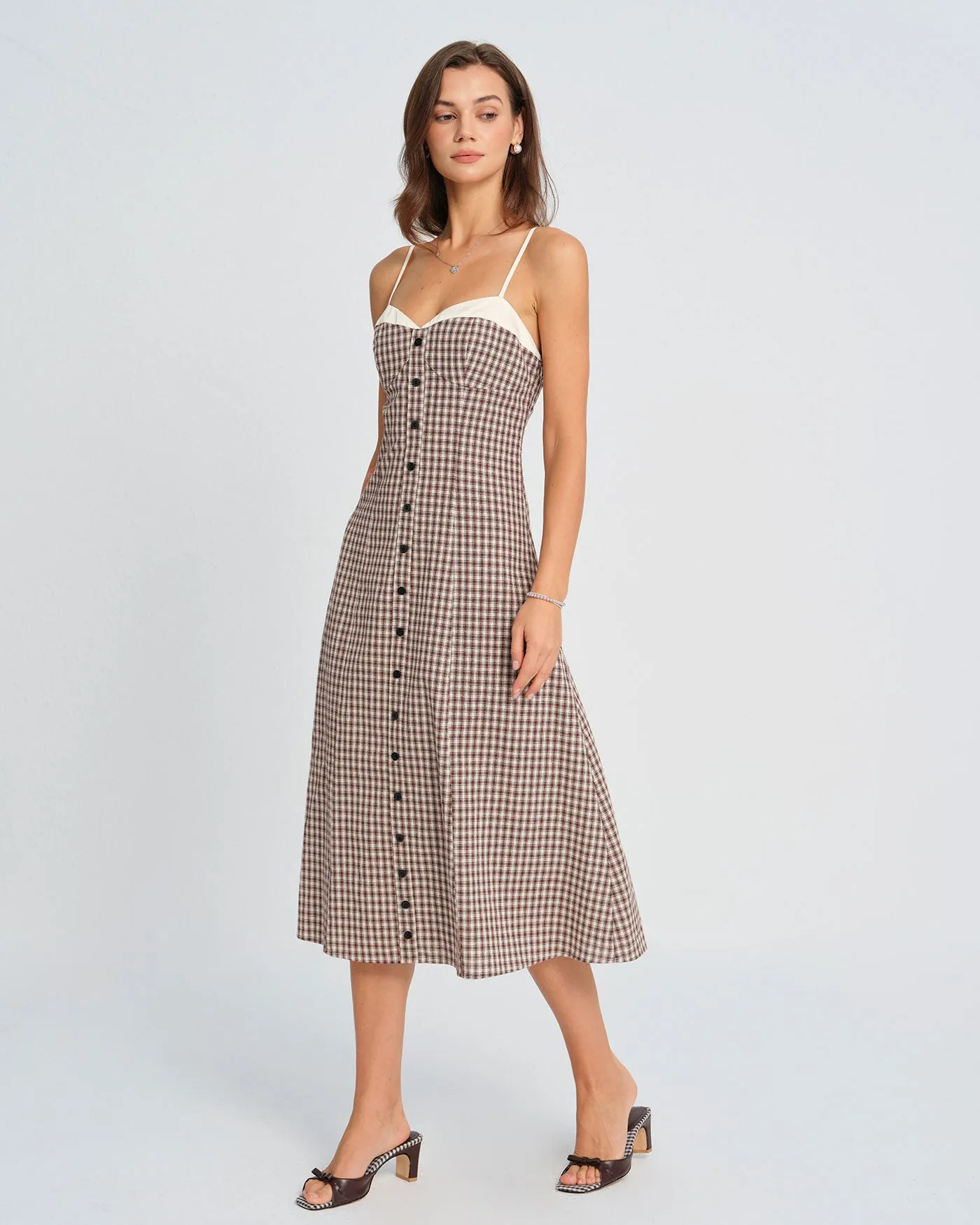 Coffee Plaid Slip Midi Dress sold by rihoas product image thumbnail 4
