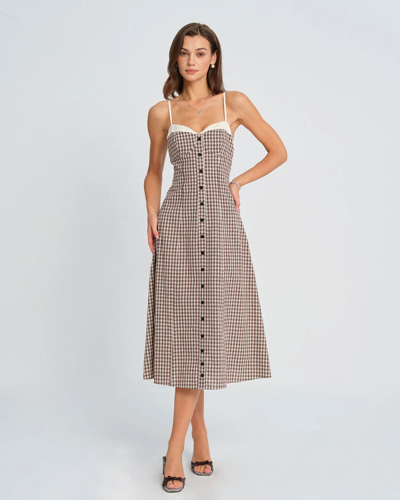 Coffee Plaid Slip Midi Dress sold by rihoas