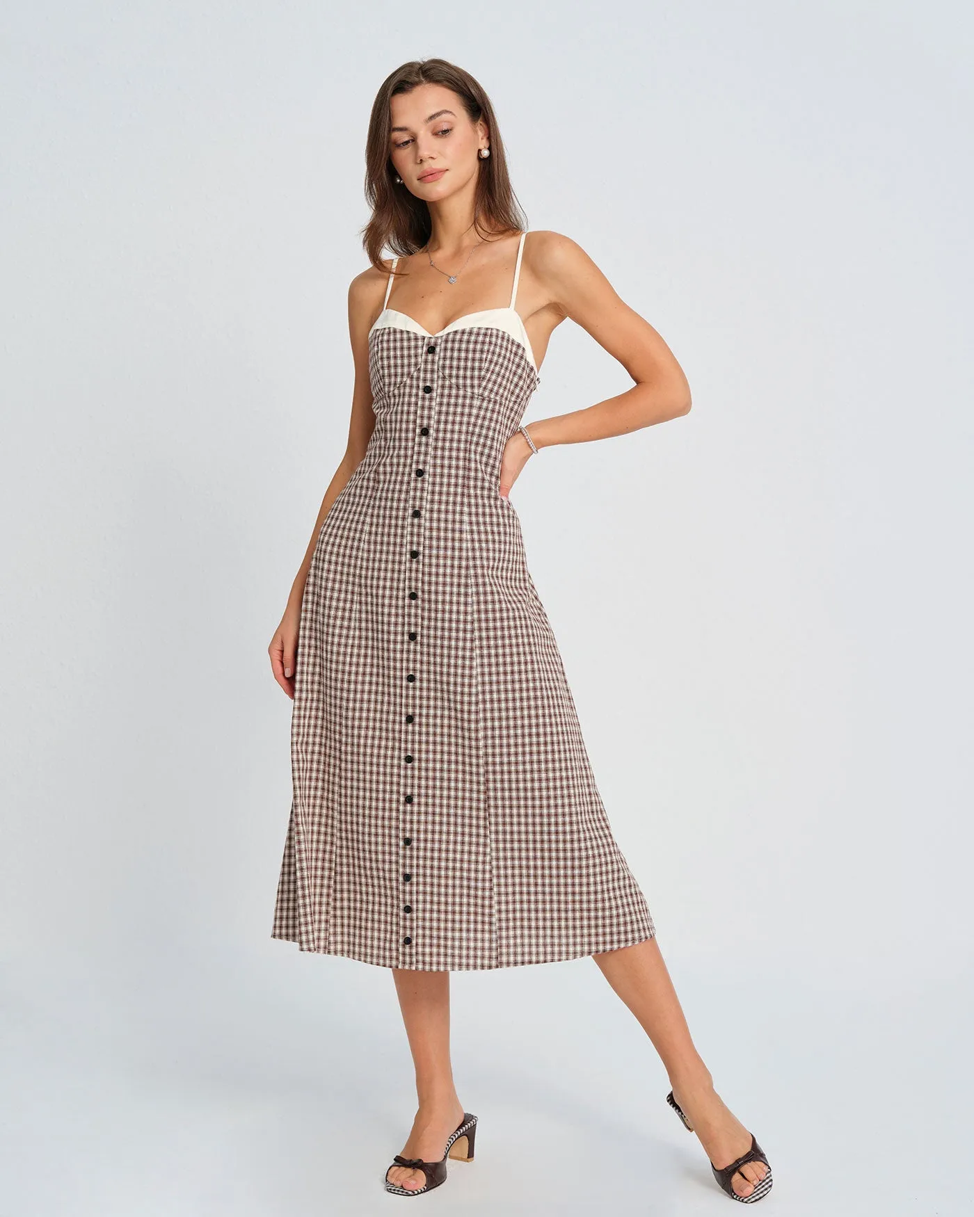 Coffee Plaid Slip Midi Dress sold by rihoas product image thumbnail 3