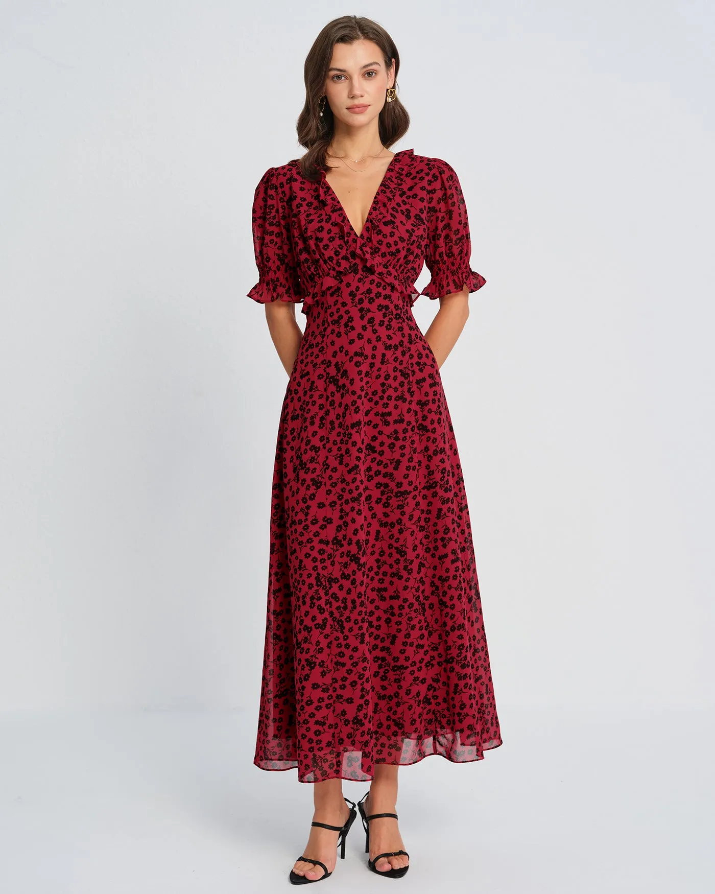 Red V Neck Floral Maxi Dress sold by rihoas product image thumbnail 4