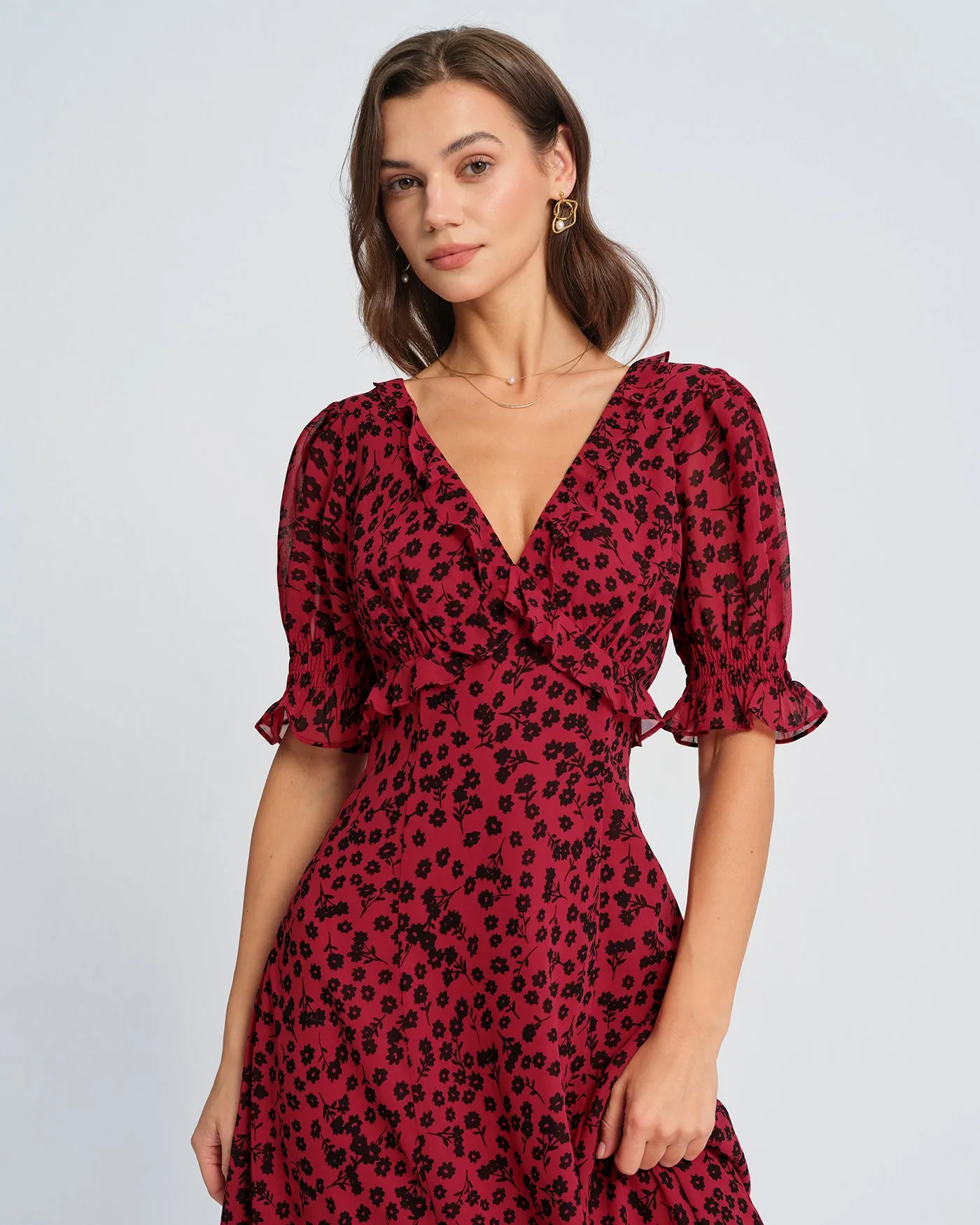 Red V Neck Floral Maxi Dress sold by rihoas product image thumbnail 2