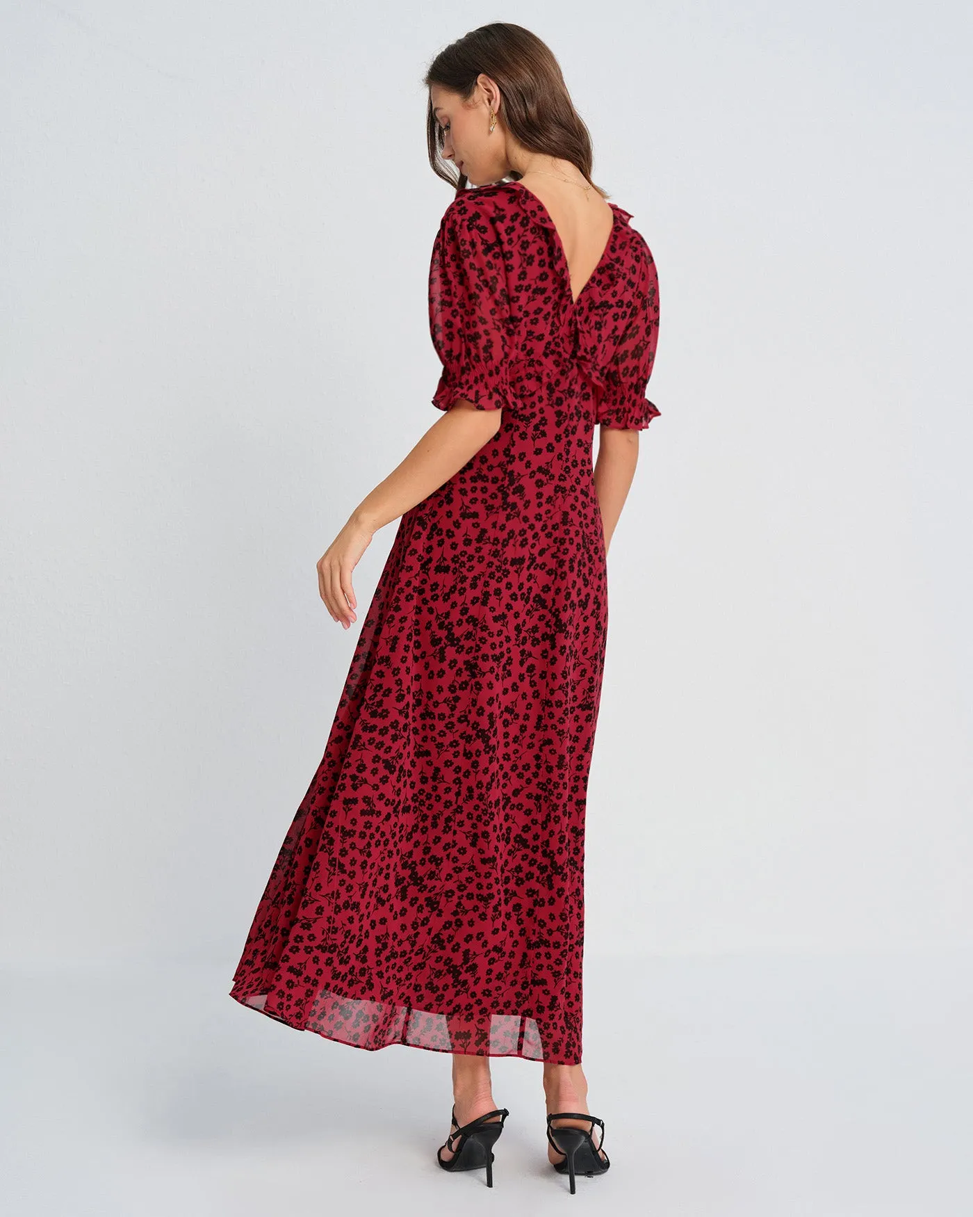 Red V Neck Floral Maxi Dress sold by rihoas product image thumbnail 3