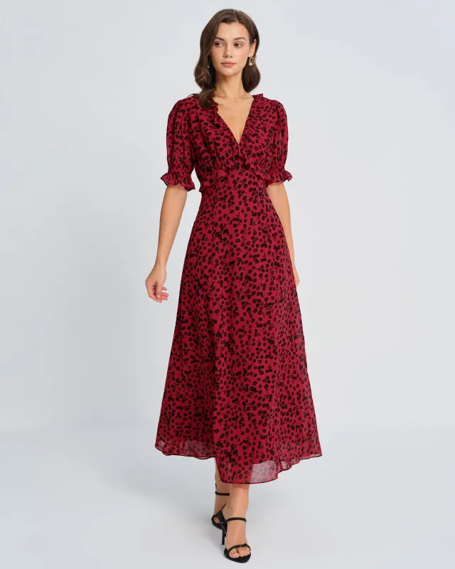 Red V Neck Floral Maxi Dress sold by rihoas