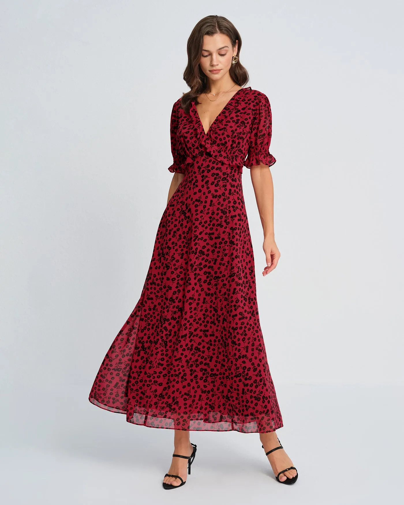 Red V Neck Floral Maxi Dress sold by rihoas product image thumbnail 5