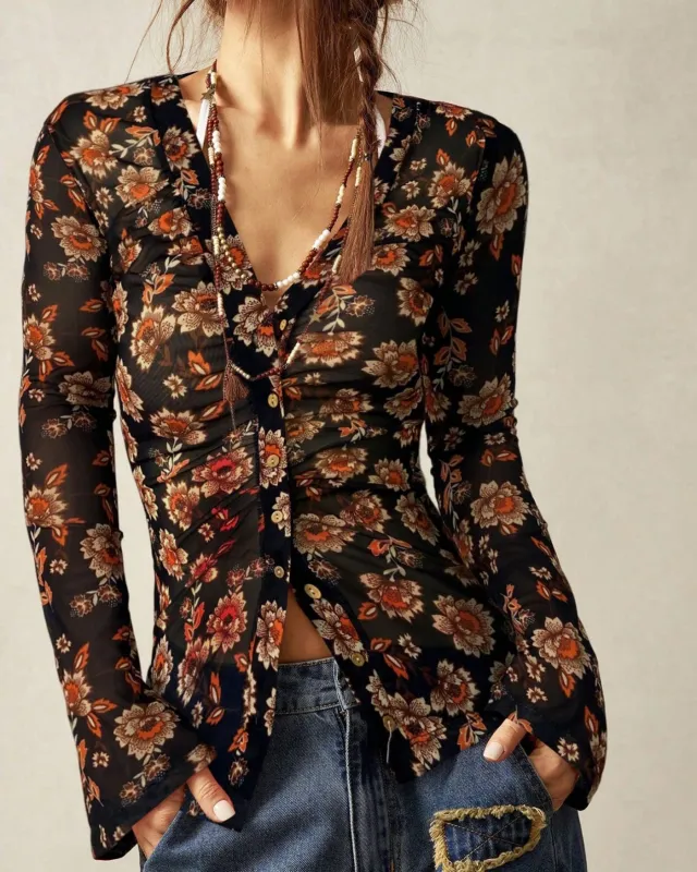 Black V Neck Floral Tee sold by rihoas