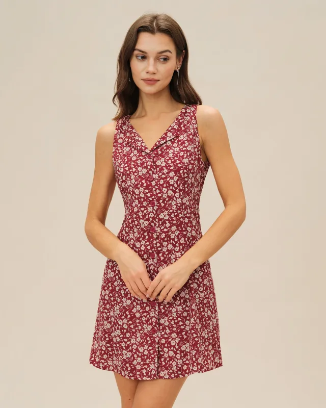 Red V Neck Floral Mini Dress sold by rihoas