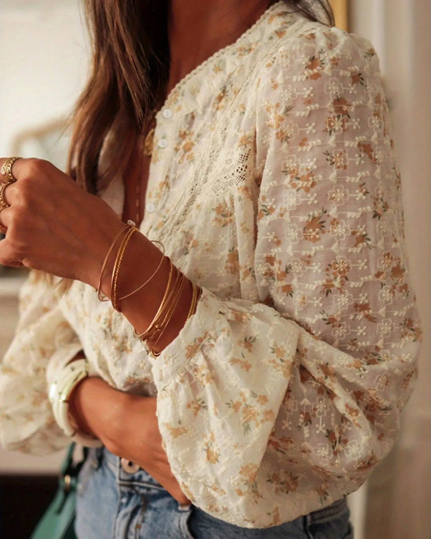 Apricot V Neck Floral Shirt sold by rihoas product image thumbnail 3