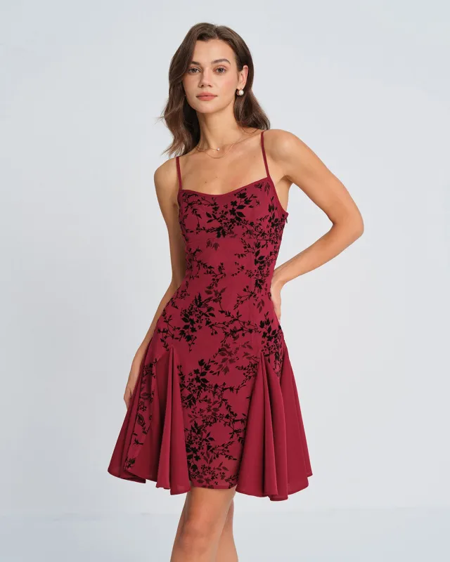 Wine Red Floral Mini Dress sold by rihoas
