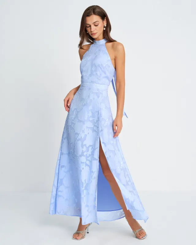Blue Mock Neck Jacquard Maxi Dress sold by rihoas
