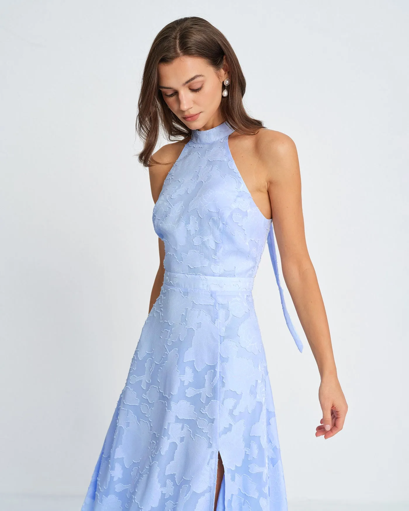 Blue Mock Neck Jacquard Maxi Dress sold by rihoas product image thumbnail 2