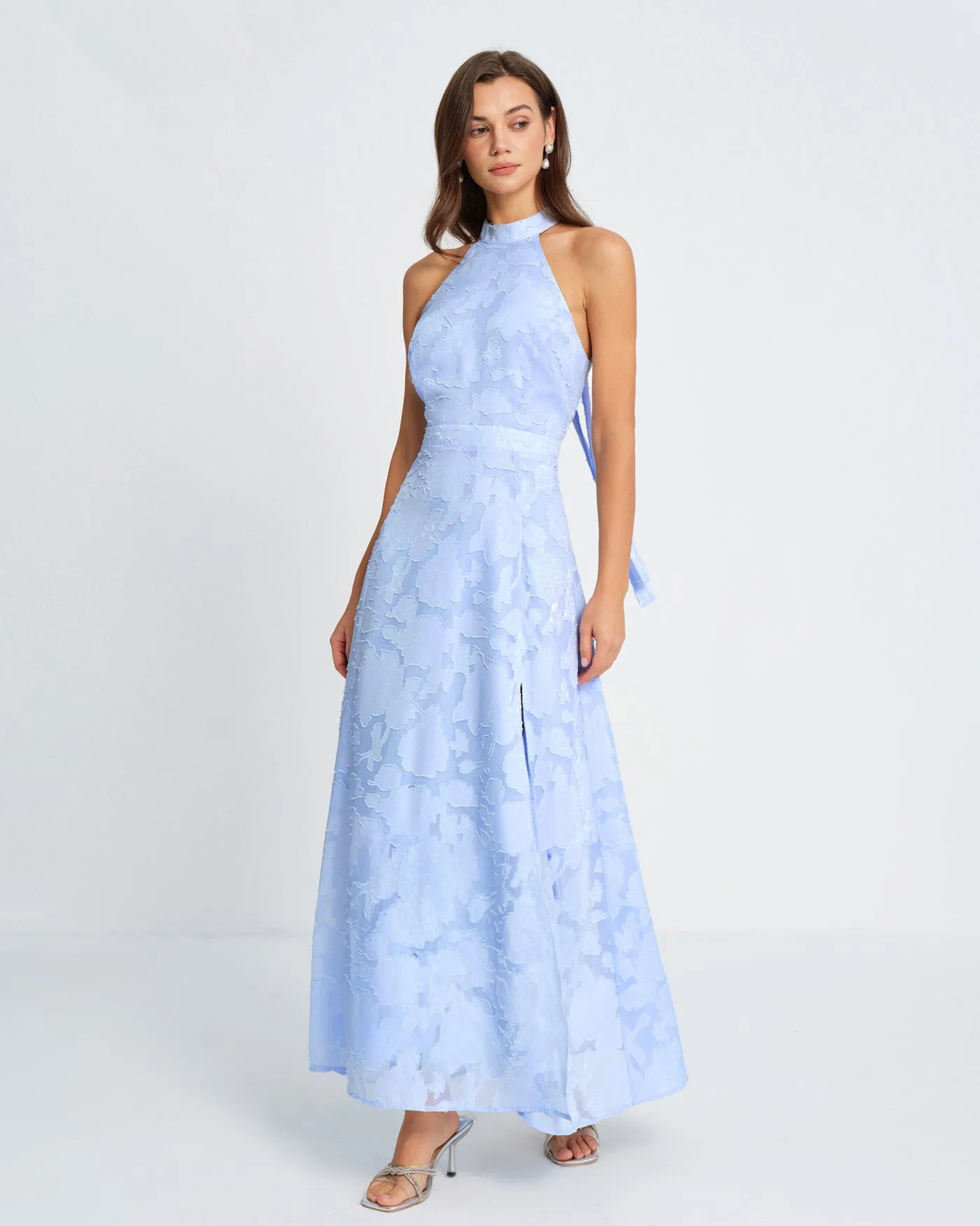 Blue Mock Neck Jacquard Maxi Dress sold by rihoas product image thumbnail 3