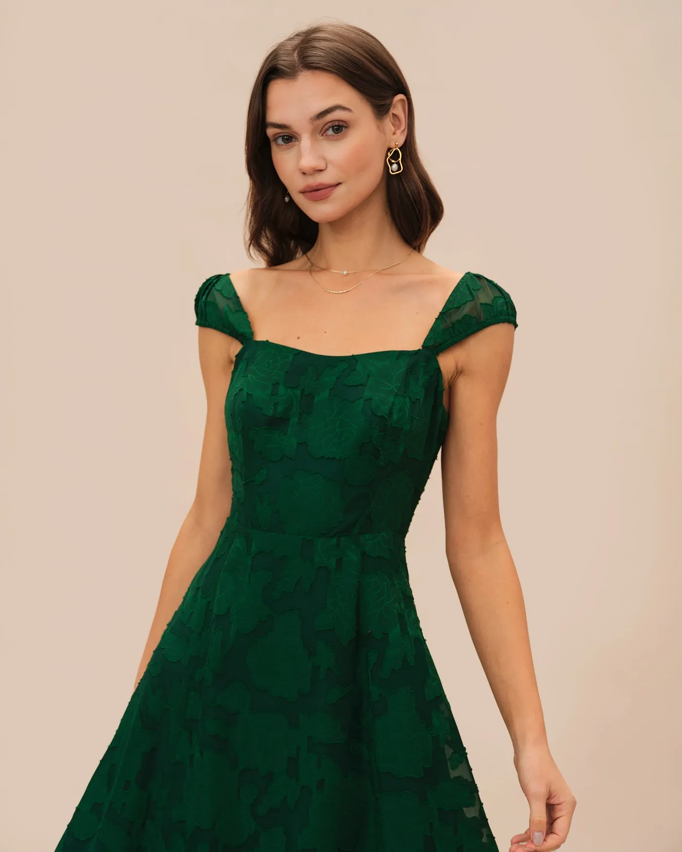 Green Jacquard Cap Sleeve Midi Dress sold by rihoas product image thumbnail 3