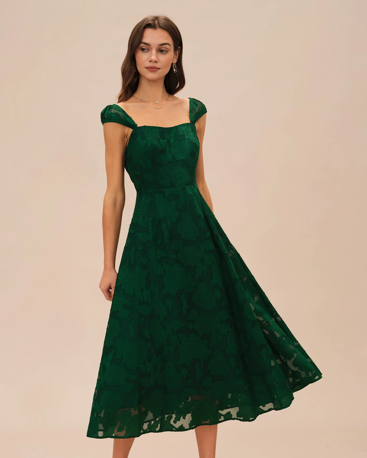 Green Jacquard Cap Sleeve Midi Dress sold by rihoas product image thumbnail 4