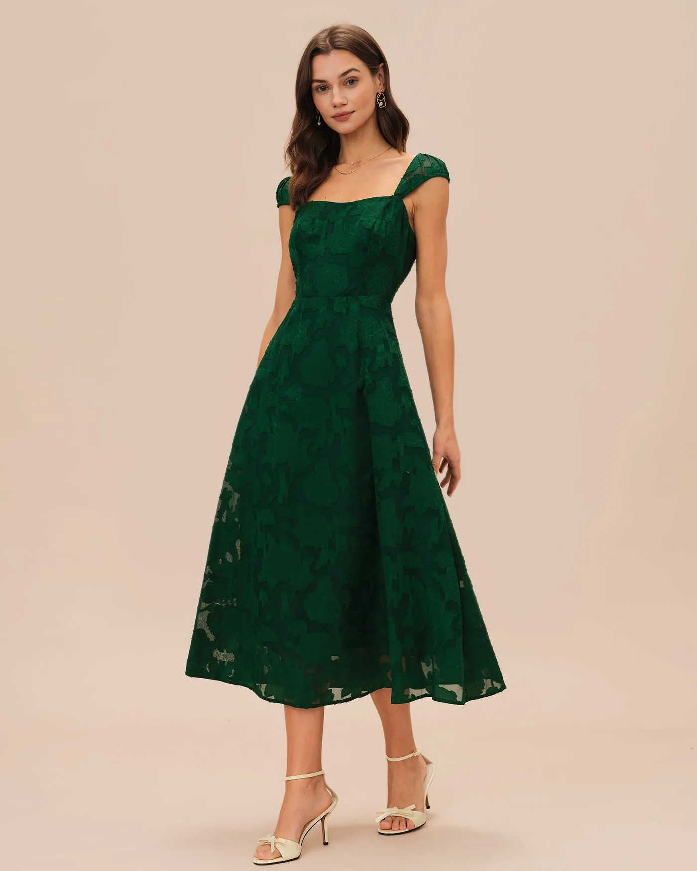Green Jacquard Cap Sleeve Midi Dress sold by rihoas product image thumbnail 5