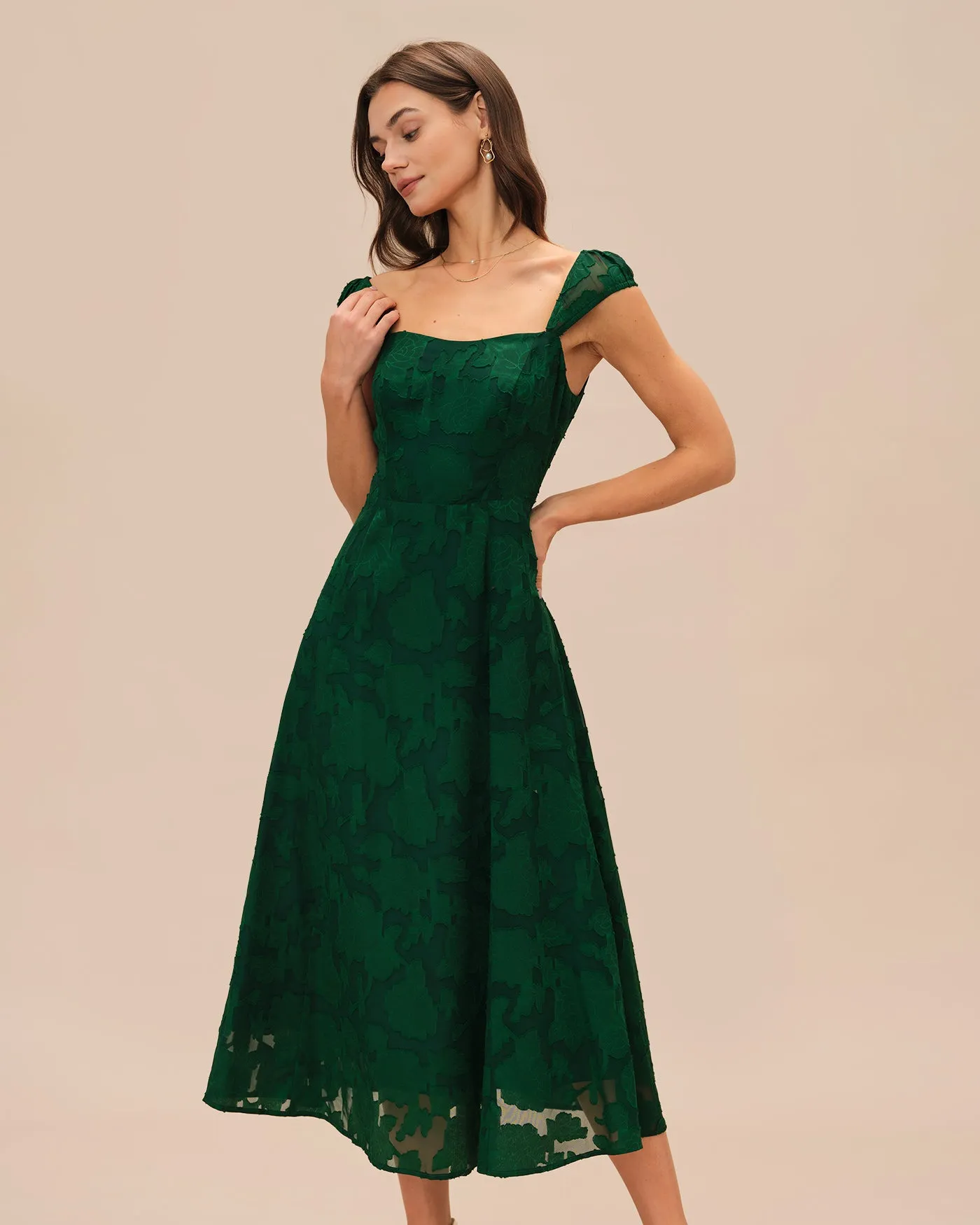 Green Jacquard Cap Sleeve Midi Dress sold by rihoas