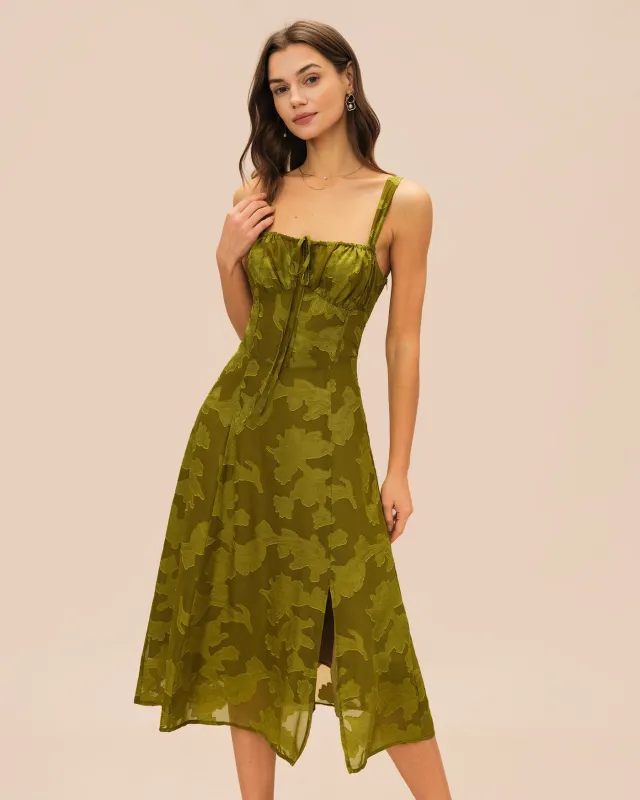 Green Square Neck Jacquard Midi Dress sold by rihoas