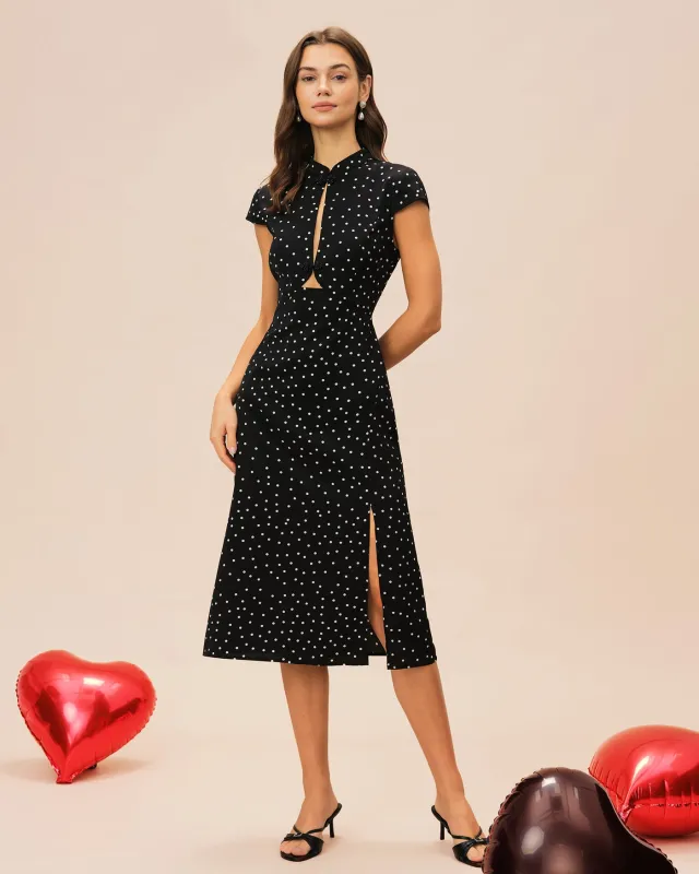 Black Mandarin Collar Polka Dot Midi Dress made by rihoas