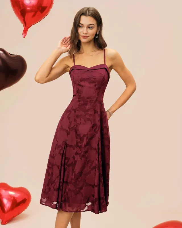 Wine Red Sweetheart Neck Jacquard Slip Midi Dress sold by rihoas