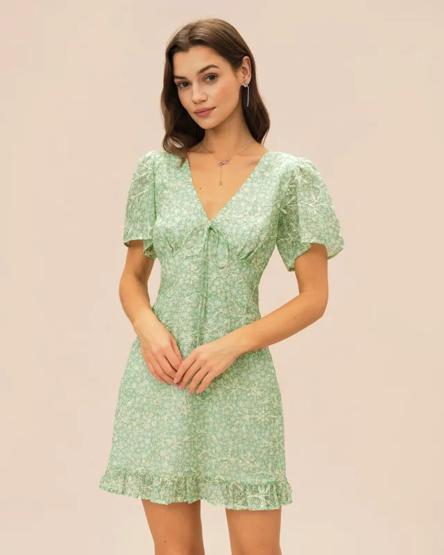 Green V Neck Floral Mini Dress sold by rihoas