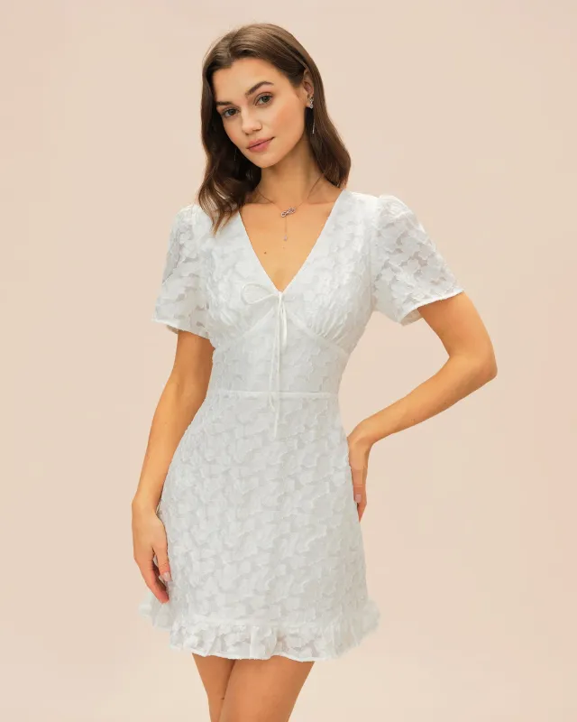 White V Neck Jacquard Mini Dress sold by rihoas