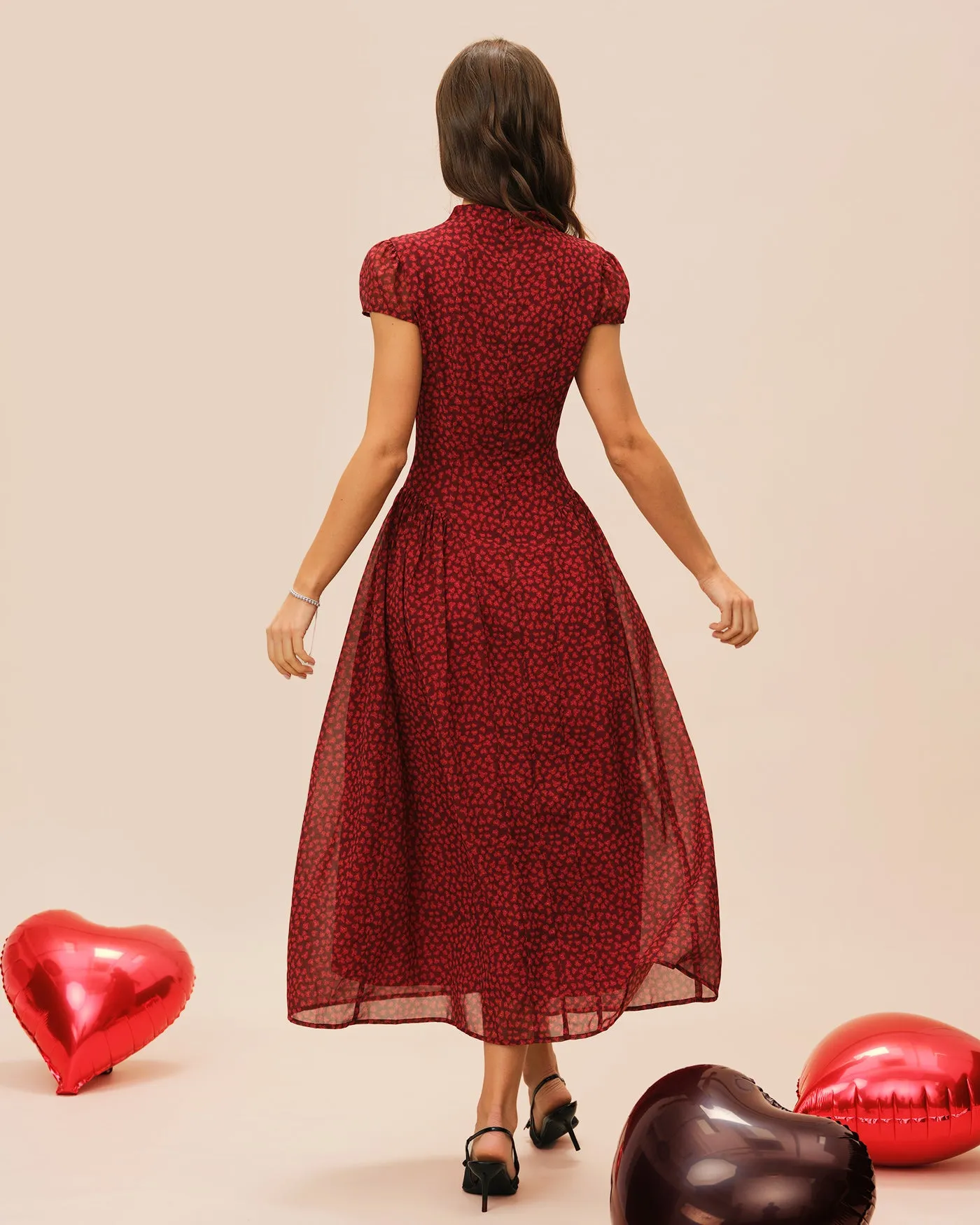 Red Cap Sleeve Floral Maxi Dress sold by rihoas product image thumbnail 5
