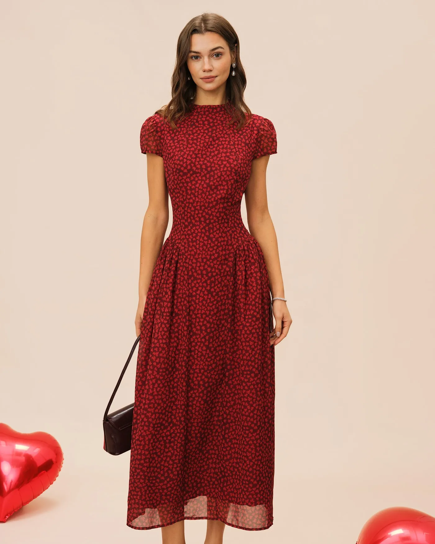 Red Cap Sleeve Floral Maxi Dress sold by rihoas product image thumbnail 4