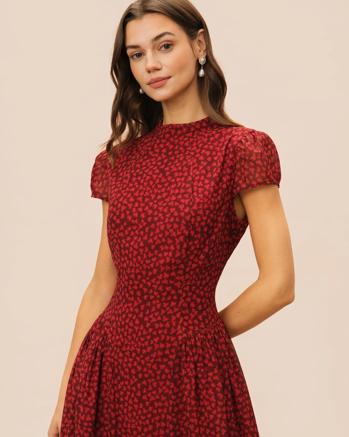 Red Cap Sleeve Floral Maxi Dress sold by rihoas product image thumbnail 3