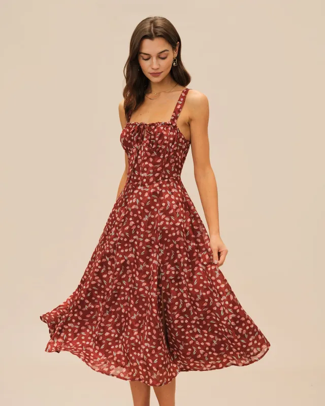 Wine Red Floral Slip Midi Dress sold by rihoas