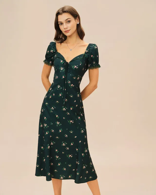 Green Puffed Sleeve Floral Midi Dress sold by rihoas