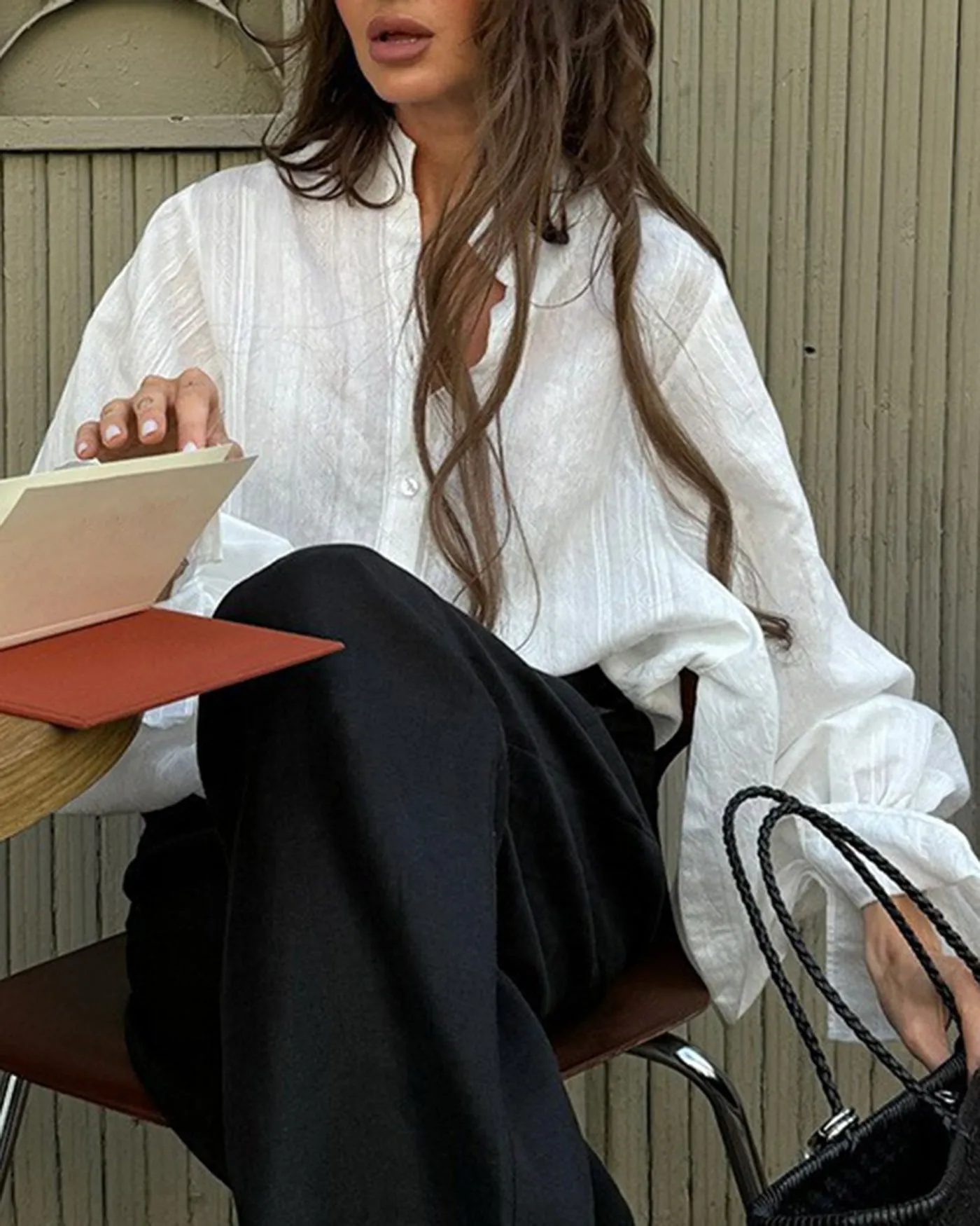 White Poet Sleeve Collar Shirt sold by rihoas product image thumbnail 2