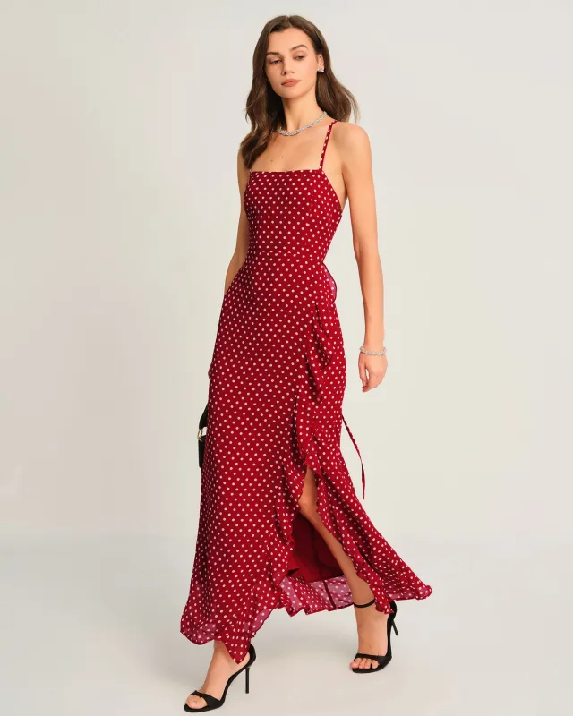 Red Polka Dot Slip Maxi Dress sold by rihoas