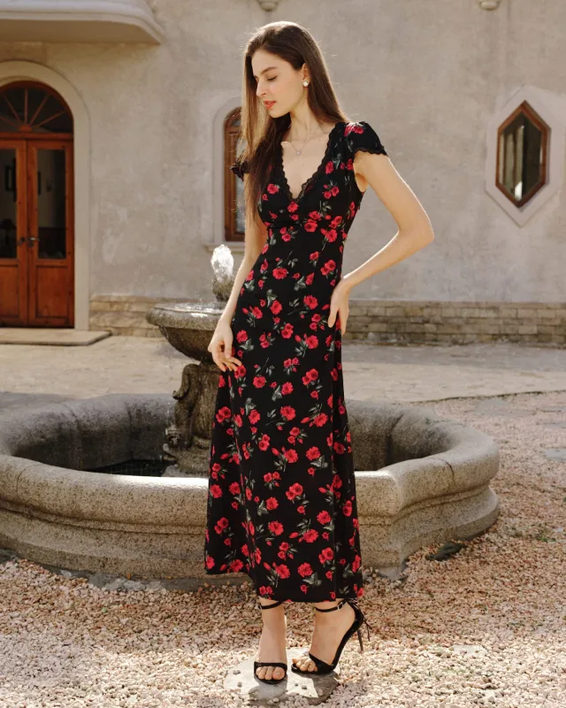 Black Floral V Neck Maxi Dress sold by rihoas
