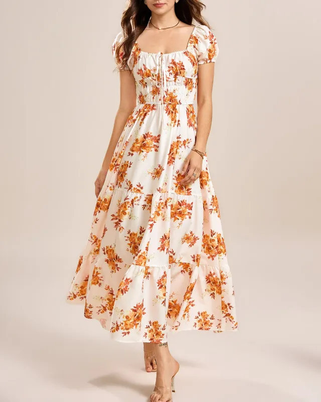 Apricot Square Neck Floral Maxi Dress sold by rihoas
