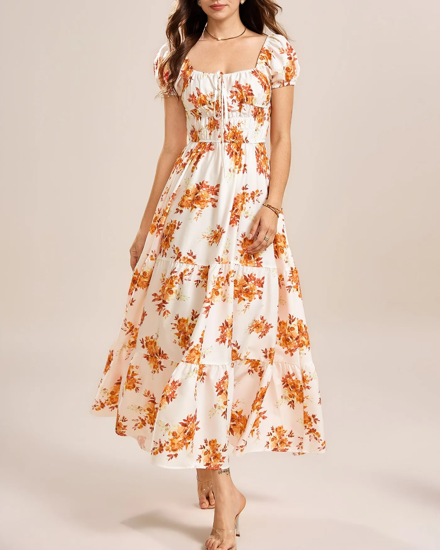 Apricot Square Neck Floral Maxi Dress sold by rihoas