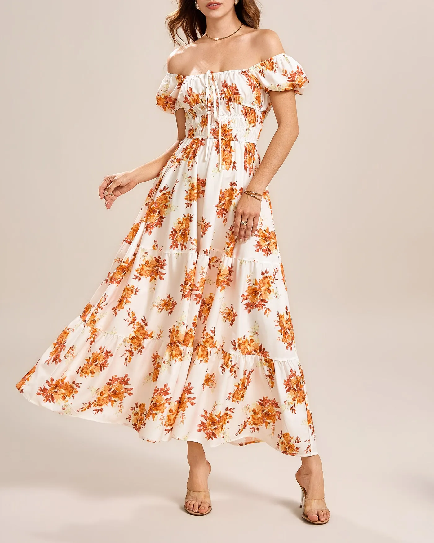 Apricot Square Neck Floral Maxi Dress sold by rihoas product image thumbnail 5