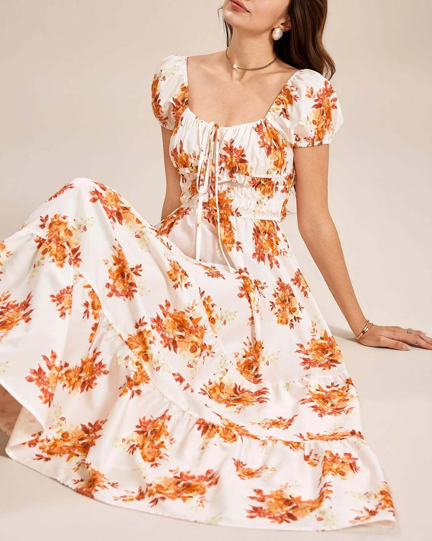 Apricot Square Neck Floral Maxi Dress sold by rihoas product image thumbnail 3