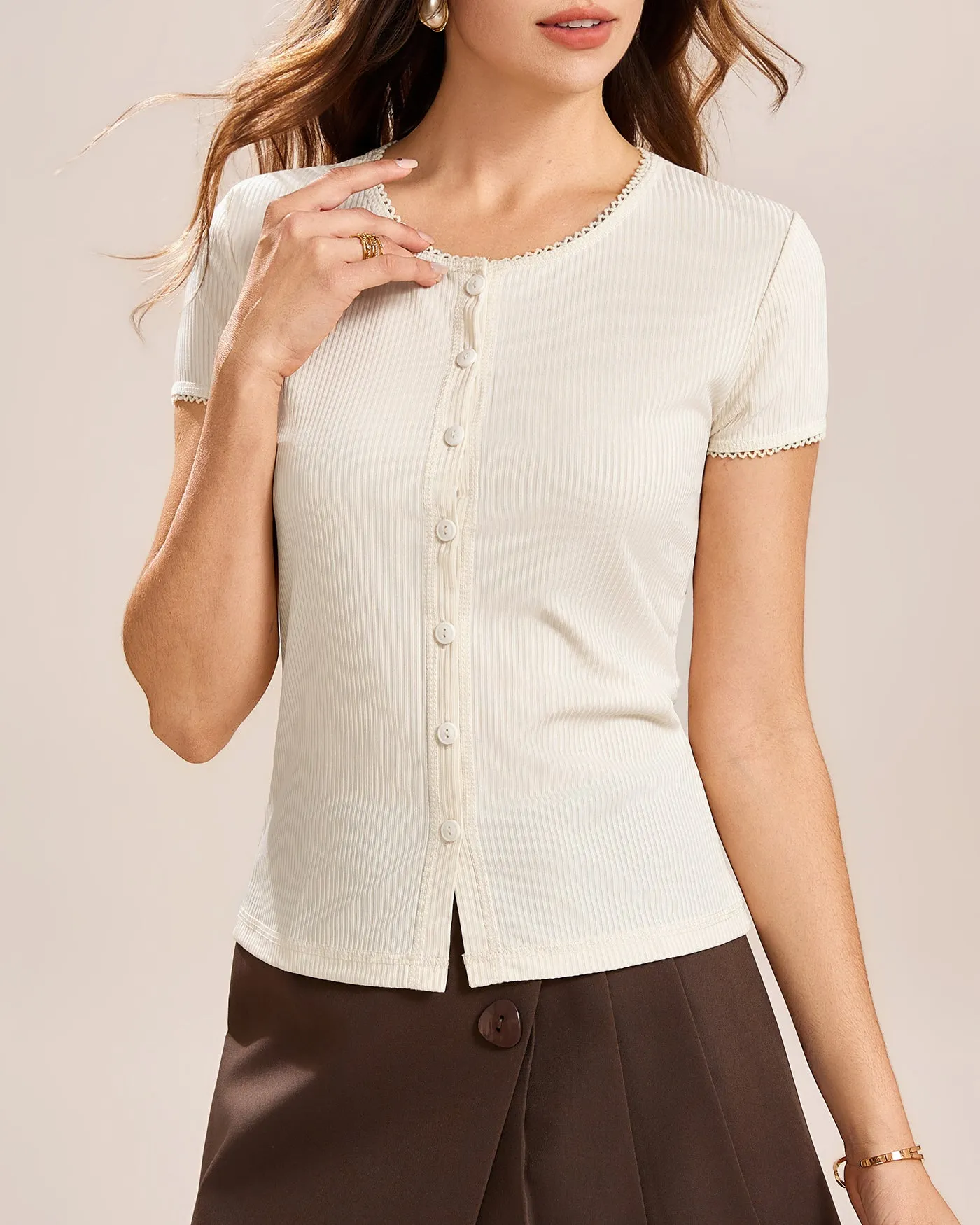 Apricot Round Neck Button Tee sold by rihoas product image thumbnail 3