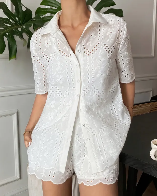 White Floral Collar Two-Piece Set sold by rihoas