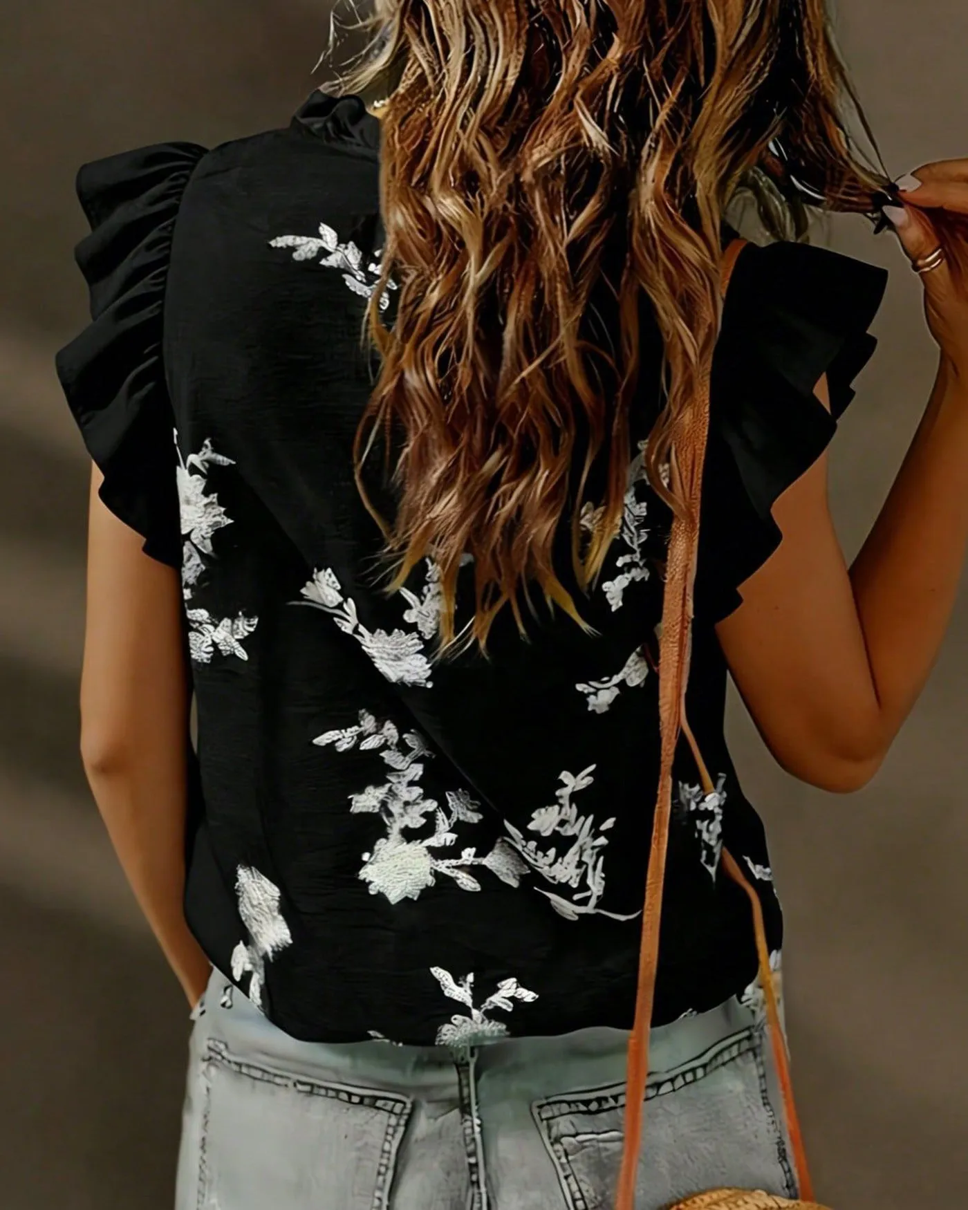 Black Floral Cap Sleeve Tee sold by rihoas product image thumbnail 3