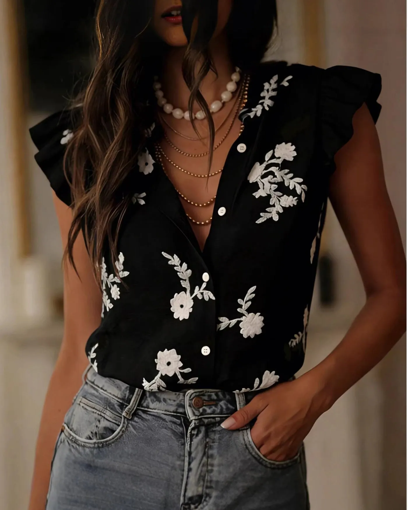 Black Floral Cap Sleeve Tee sold by rihoas