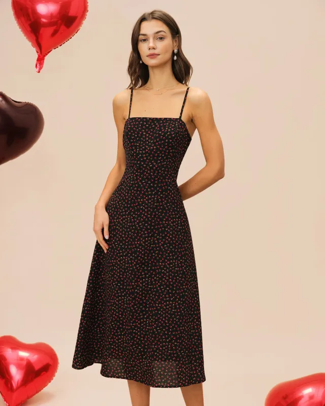 Black Floral Slip A-Line Midi Dress sold by rihoas
