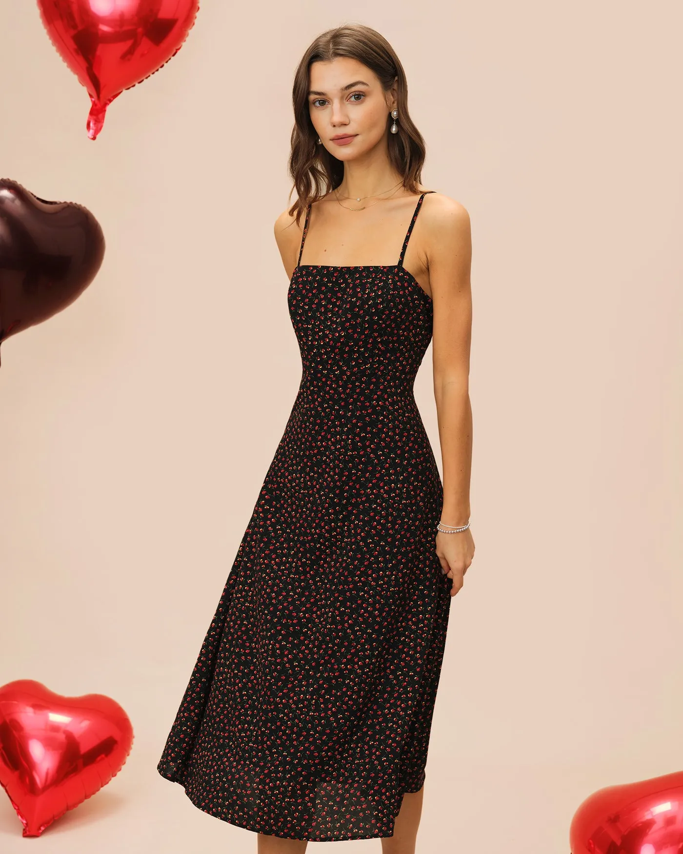Black Floral Slip A-Line Midi Dress sold by rihoas product image thumbnail 3