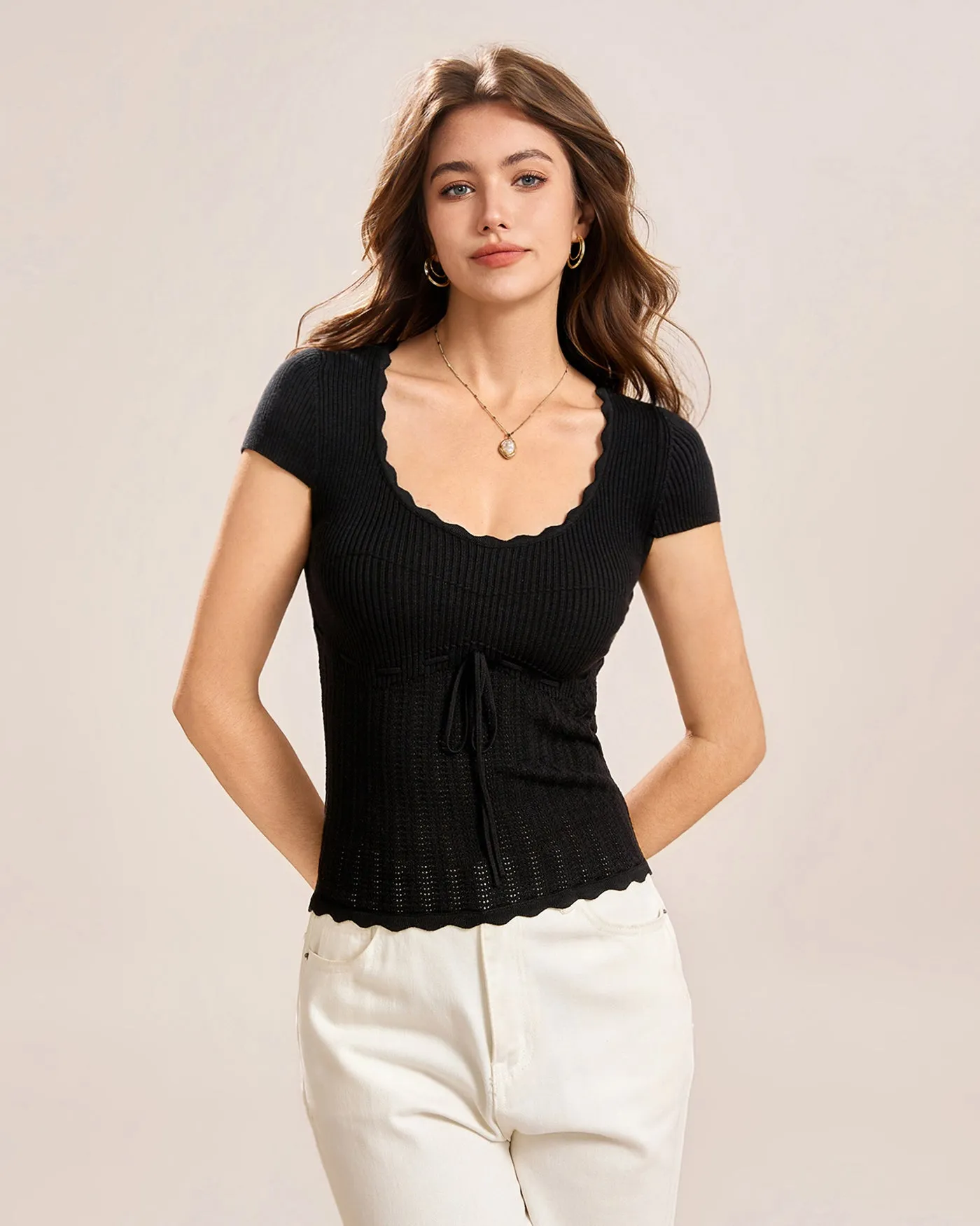 Black U Neck Cap Sleeve Tee sold by rihoas product image thumbnail 3