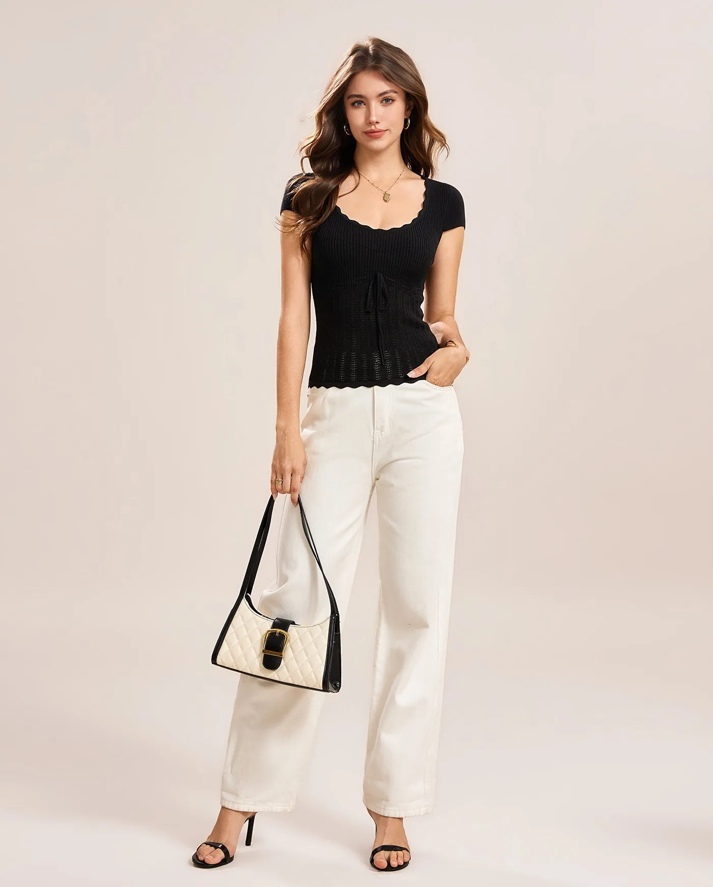 Black U Neck Cap Sleeve Tee sold by rihoas product image thumbnail 5